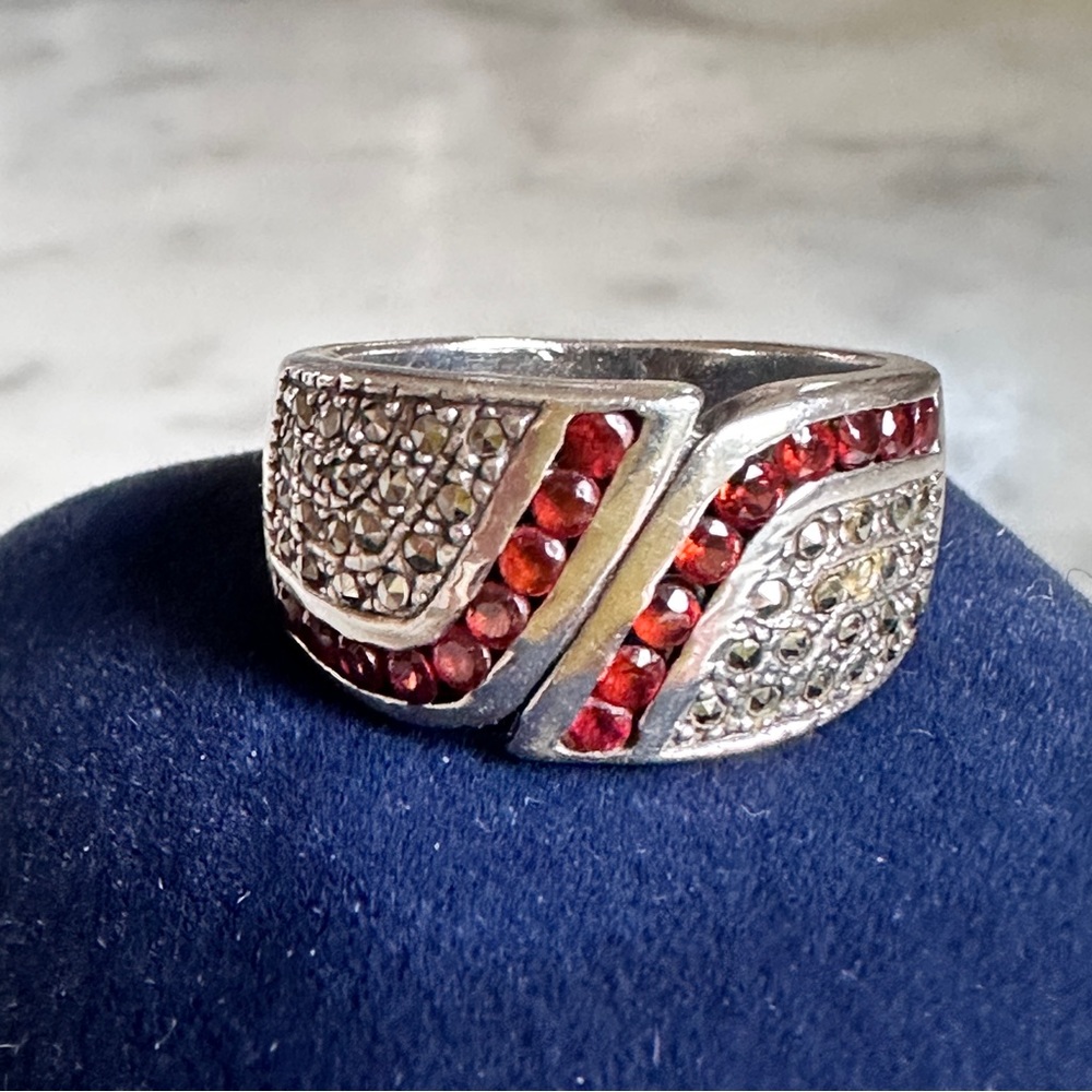 Sterling Silver Marcasite And Ruby Ring Size 8 - image 1